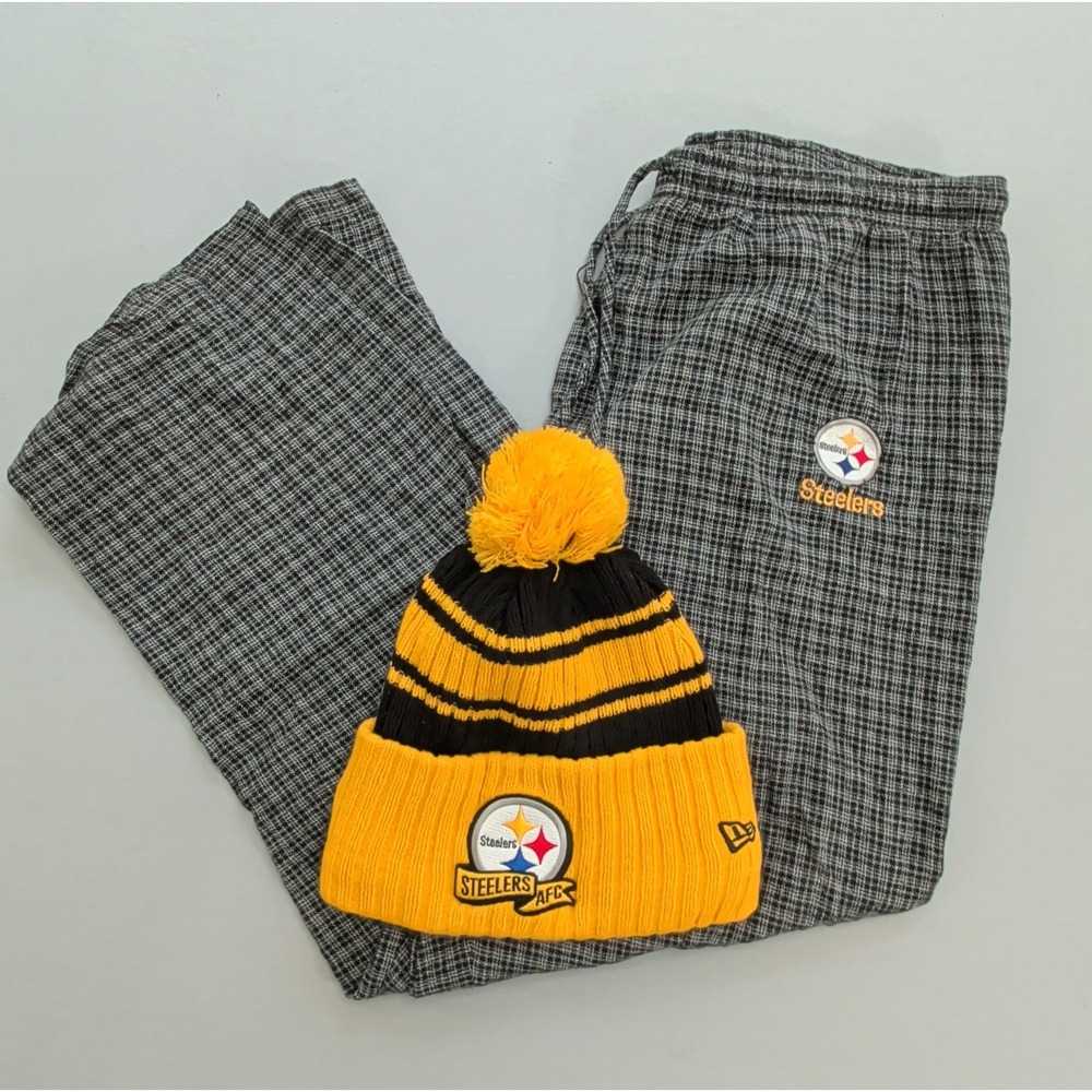 NFL Pittsburgh Steelers New Era Beanie and Plaid Lounge Pants Set Mens Large